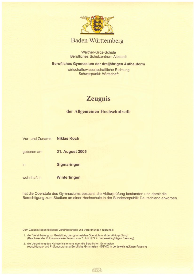 Zeugnis von Niklas Koch, Seite 1
